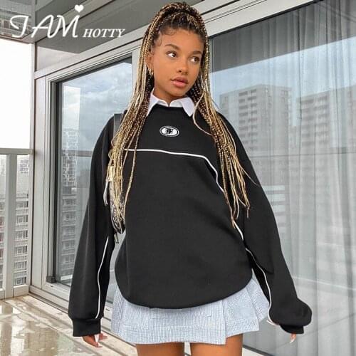 Black Striped Printed Oversized Sweatshirt Women Korean Style Boyfriend Gothic Girls Outwear Streetwear Fashion Fall Iamhotty