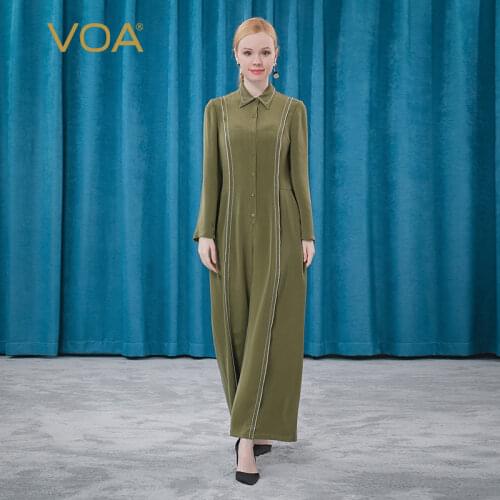 VOA 30m/m Heavy Silk Mustard green Small Lapel Long Sleeved White Line Trim Single Row Button Up Wide Legged Jumpsuit KE213