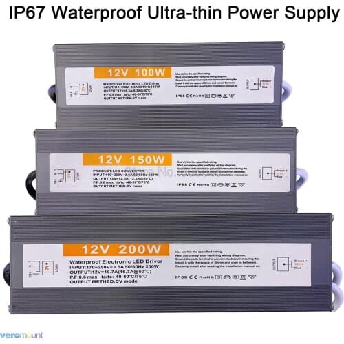 12V 24V 60W 80W 100W 120W 150W 200W IP67 Waterproof LED Power Converter AC 110V-220V to DC 12V 24V Power Supply Transformer