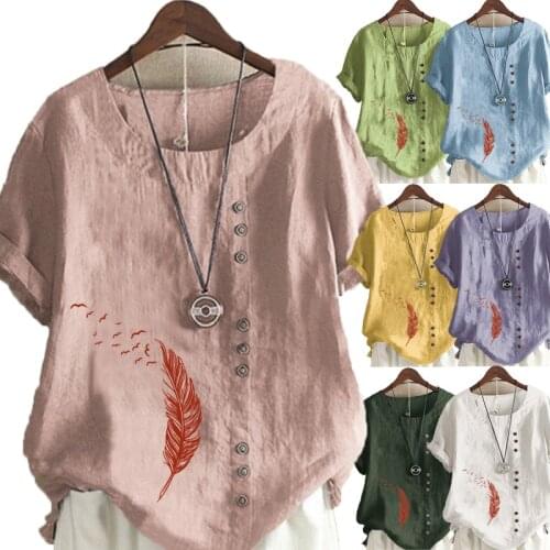 Womens New Fashion Summer Feather Printed Round Neck Short Sleeve T-shirt Casual Loose Solid Color Blouse Tops Plus Size