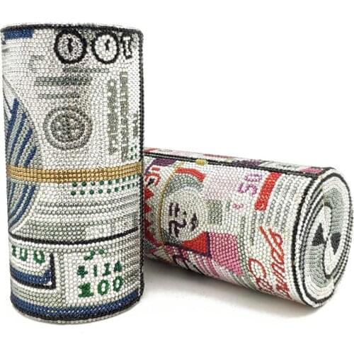 Boutique De FGG Hand-Made Round Barrel of Cash Women Money Purses Crystal Clutch Evening Bags Party Dinner Handbags