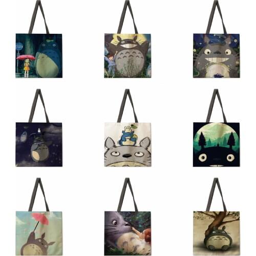 Cartoon anime linen shopping bag ladies backpack foldable shopping bag beach tote bag handbag large bag female bag