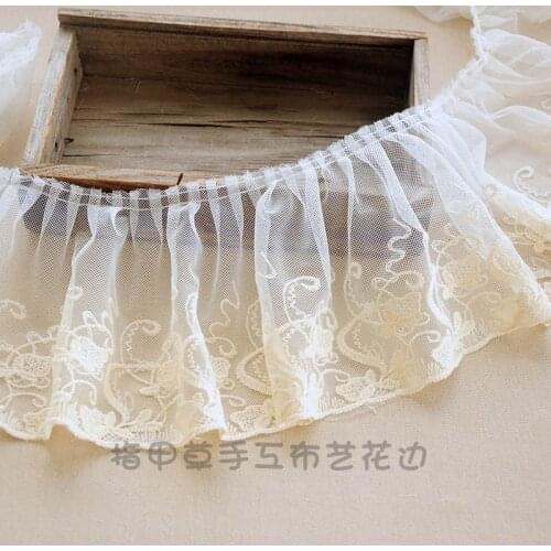 1M Soft White Beige Mesh Cotton Flowers Embroidered Tulle Lace Fabric Trims Doll Dress Underwear Costume DIY Craft Supplies 15CM