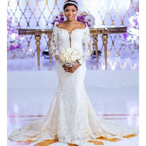 Arabic Full Lace Wedding Dresses Mermaid Long Sleeves Pearls Vintage Bridal Gowns Designer Vintage Custom Wedding Wear