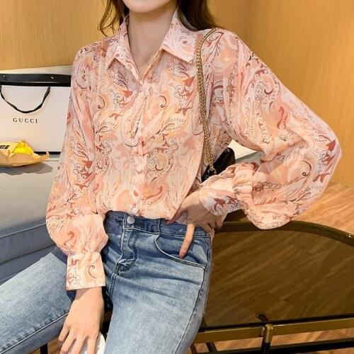 Chikichi 2021 Fall New Hong Kong Style Button Up Shirt Long Sleeve Net Red Hot Sale Loose Printed Pink Top Women plus size