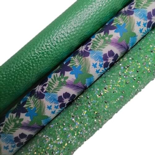 Dimond Green Glitter leather, Flowers Printed synthetic leather, Litchi Faux Leather Sheets For Bow A4 21x29CM KM634