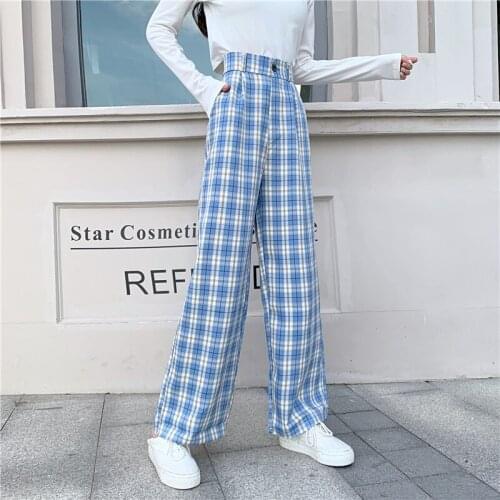 Korean Style Wide Leg Pants Women Thin Summer Plaid Pants Plus Size 4XL Women Trousers Oversized Checkered Pants High Waist