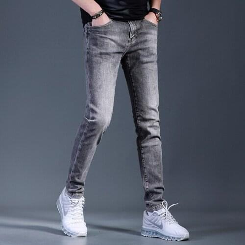 2021 New Men Gray Jeans Korean Style Casual Slim Fit Pencil Pants