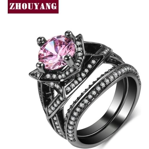Pink Round-cut Cubic Zirconia Flower Shape Ring Set Black Gold Color Fashion Jewelry Party Rings For Women Girl ZYR618
