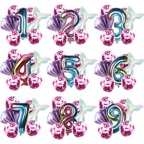 8pcs Mermaid Birthday Party Balloon Decoration Number Balloon Decor 1 2 3 4 5 6 7 8 9 years kids Birthday Party Supplies Balloon