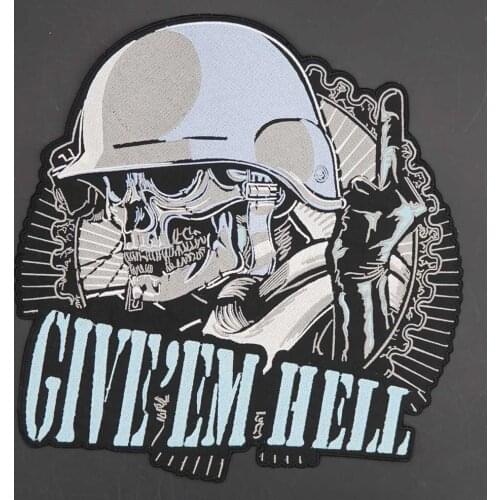 GIVE'EM HELL Skull Military Embroidery Punk Biker Patch for Clothing Hat Bags Iron on Backing