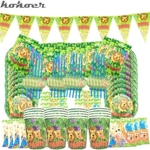 New Jungle Birthday Party Supplies Disposable Tableware Cup Plate Napkin Banner Kids Animal Jungle Safari Theme Birthday Party