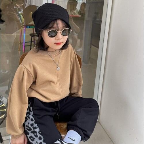 2021 autumn girls' casual loose Korean Solid Color Bubble Sleeve round neck sweater childrens top girl clothes kids clothes