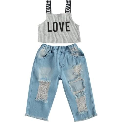 1-6Y LOVE Letter Strap Sleeveless Vest Tops Denim Hole Long Pants Summer Girls Clothing Set Outfits