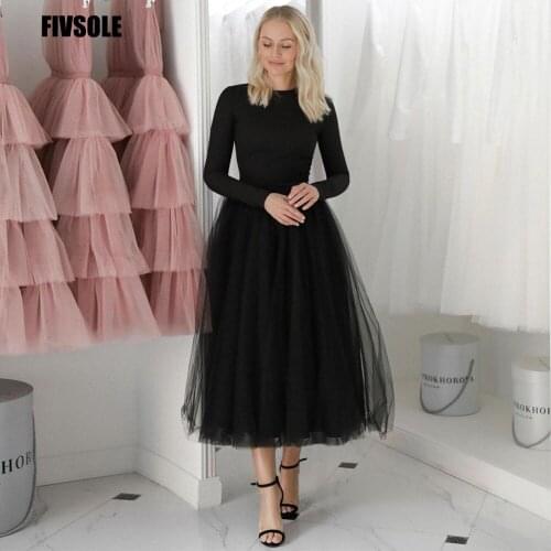 Fivsole Simple Modest Black Tulle Evening Party Dresses Long Sleeves Prom Gowns O Neck Tea Length Formal Dress Plus Size 2021