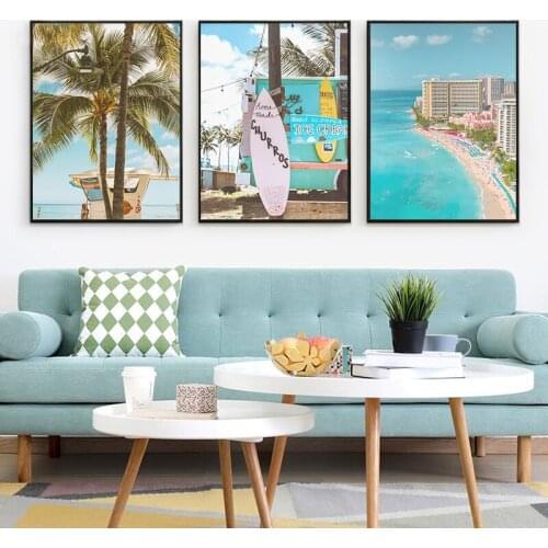 Nordic Sunny Beach Surfboard Tropical Landscape Canvas Painting Coconut Tree Seaside Poster Art Print Wall Picture Home Decor