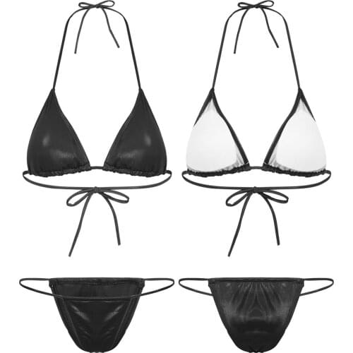 Womens Sexy Bikini Swimsuit Halter Neck Self Tie Padded Triangle Bra Top with Briefs Ultra-thin Temptation Lingerie Set Summer