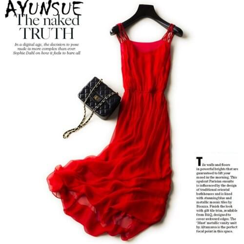 AYUNSUE Summer Beach Woman Dress 2021 New Red 100% Silk Dress Elegant White Long Maxi Dresses for Women Fairy Vestidos KJ7116