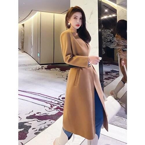 Camel Double-sided Tweed Coat Women Autumn and Winter 2021 New Mid Long Temperament Cashmere Coat Winter Coat Women