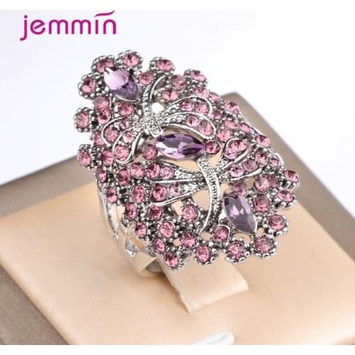 Hyperbolic Big Charms Wedding Band Ring for Women Ladies 925 Sterling Silver Austrian Crystal Flower Dragonfly Original Design