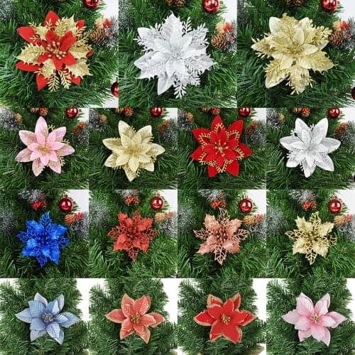 5pcs Glitter Christmas Flower Artificial Flower Head For Christmas Tree Ornament DIY Wreath Garland New Year Wedding Party Decor