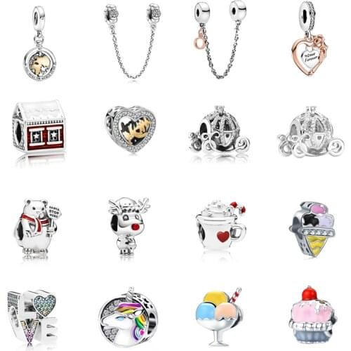 New Reindeer Ice Cream Carriage Safety Chain Forever Love Pendant Beads Fit Original Pandora Charm Silver Color DIY Jewelry Gift