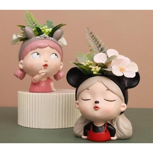 Cartoon Resin Girl Succulent Plant Pot with a Hole Creative Desktop Ornaments Flowerpot Planter Vase Home Garden Decor