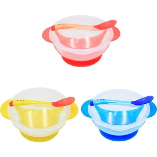 Baby Temperature Sensing Feeding Spoon Food Bowl Learning Dishes Plate/Tray Suction Cup Kids Childern Safety Dinnerware Set