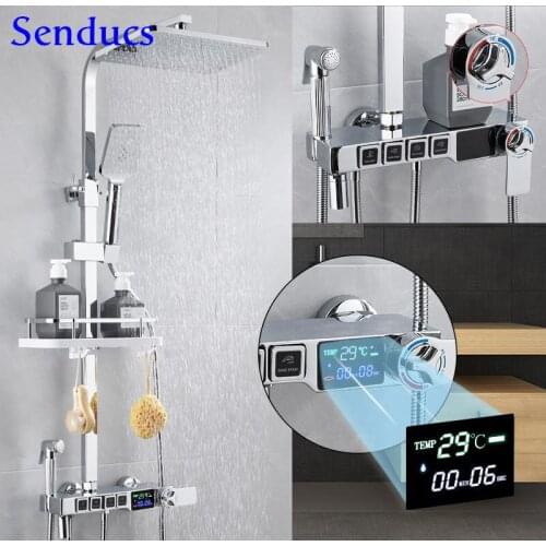 Senducs Chrome Thermostatic Shower Set Four Function Digital Bathroom Shower System Copper Bathtub Faucet Hot Cold Mixer Faucets