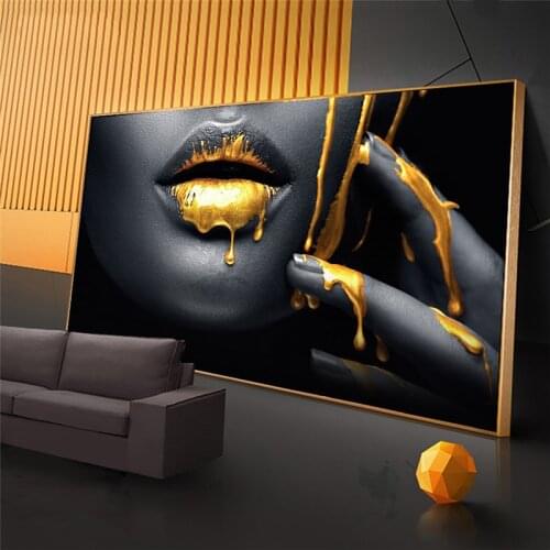 Large Size Black Women with Golden Sexy Lips Oil Paintings on Canvas Modern Wall Cuadros Pictures Home Living Roon Decor Unframe