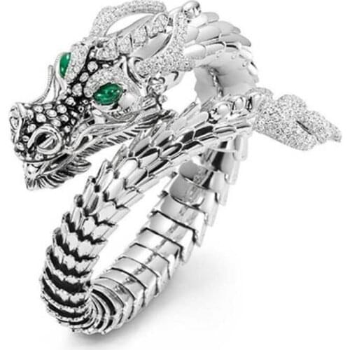 Whole Dragon Open Ring for Men Green Eyes Heroic Spirit Silver Color Dragon Hyperbole Male Rings Punk Style Men Jewelry
