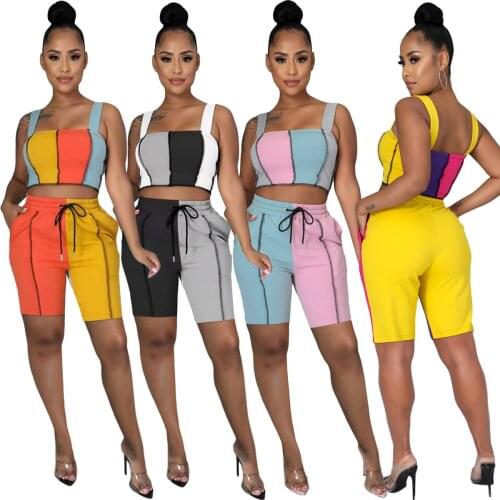 S-2XL summer 2021 2 piece sets womens outfits fashion casual Sport slim stitching sleeveless tank top and shorts Wholesale