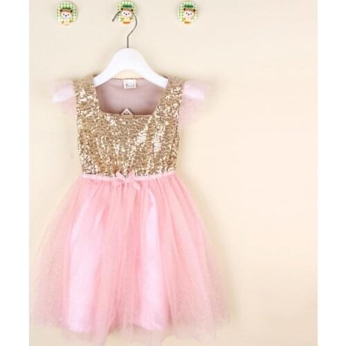 Cute Retail Baby Summer Dress Little Girl Gold Sequin Top with Pink Glitter Tulle Stitching Tutu Dress Kids Party Princess Dress