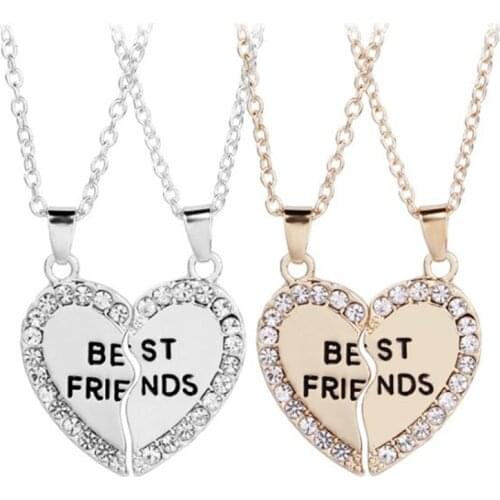 Unisex 2 Pcs BFF Necklace Women Crystal Heart Pendant Best Friend Letter Necklace Fashion Couple Necklace Men Friendship Jewelry