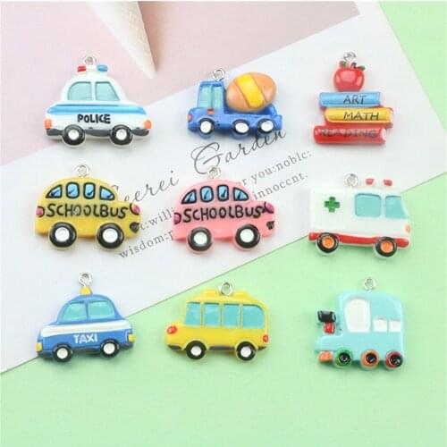 8pcs transportation pendant Taxi Bus charm bracelet necklace Resin simulation cartoon school bus ambulance mixer Jewelry DIY