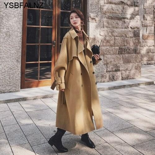 Mulheres Casacos Woolen Coats Womens Solid Camel Loose Long High Street Elegant Thick Wild Slim 2021 Autumn Winter Vintage Belt