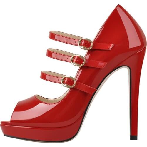 Richealnana Womens Platform Peep Toe Triple Buckle Straps Ankle Stiletto Pumps High Heels Patent Leather Wedding Dress Party