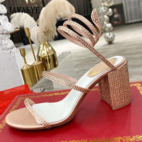 Champagne High Heel Crystal Women Sandals Snake Around Ankle Strap Party Shoes Blingbling Narrow Band Dress Sandals Women Summer