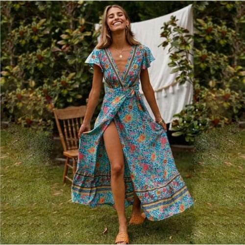 Spot ~ ~ Good Quality Speed Sell Through Europe And The United States People Cotton Printed Floral Big yards loose dress five ya