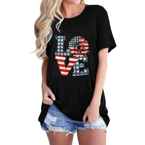 Tunic Shirts For Ladies Plus Size Korean Style Womens Casual Loose Independence Day Print Round Neck Short Sleeve Top Shirt