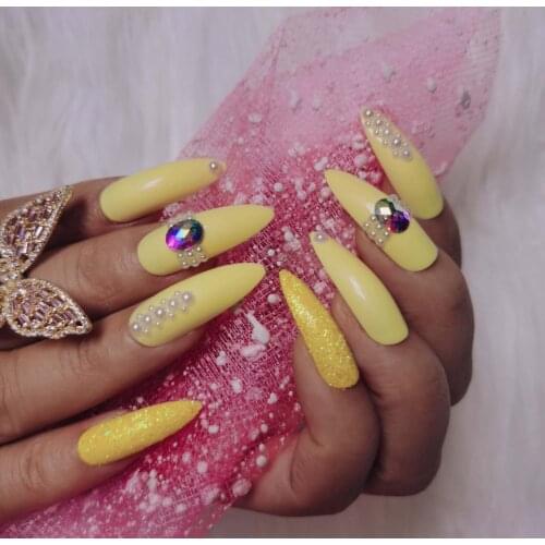 24pcs Extra long pointed oval fake nails slim art salon nail crystal diamond nail Lemon yellow