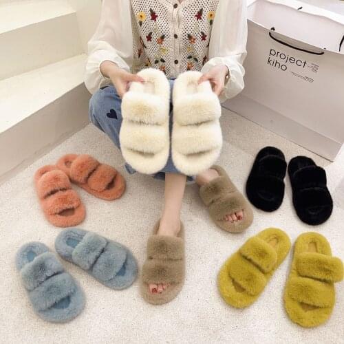 2021 Winter Keep Warm Women Fur Furry Slippers Fluffy Soft Indoor Slides Thick Flats Heel Non Slip Luxury Design House Shoes