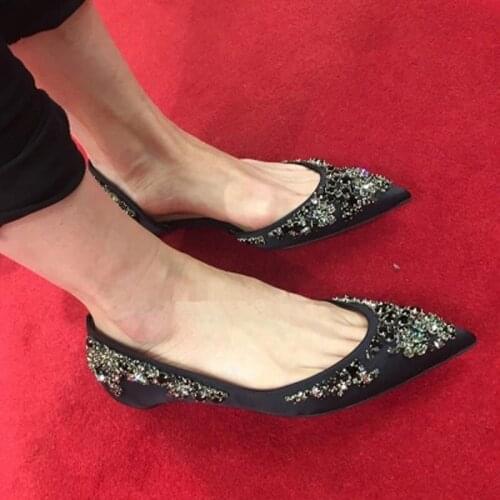 Royal Ladies Handmade Gem Crystal Embellished Beads silk Flats Women Pointed toe Spring Side Gap Slip on Flattie Single Shoes