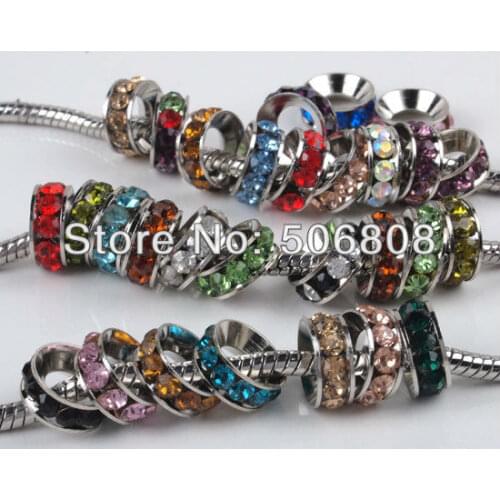 100pcs/lot Mixed Colors Rhinestone Rondelle Spacers European Large Hole Beads Fit Charms Bracelets 10x4mm Jewelry Findings