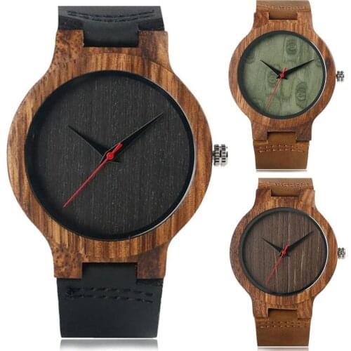 Unisex Wood Round Dial Faux Leather Strap No Number Analog Quartz Wrist Watch