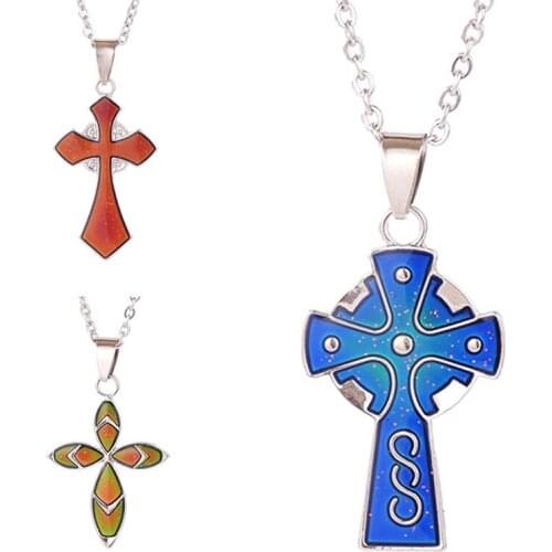 Stainless Steel Chain Cross Mood Necklace Temperature Control Color Change Mood Cross Necklace For Women Man Girl Jewelry
