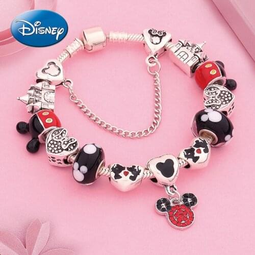Disney Cartoon Mickey Mouse Black Enamel Mickey Head Pendant Bracelet Black Glass Bead Bracelet Minnie Castle Bracelet