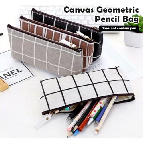 Canvas Geometric Pencil Bag Case School Simple Striped Grid Solid Color Pencil Bag Case Pouch Office Students Organizador