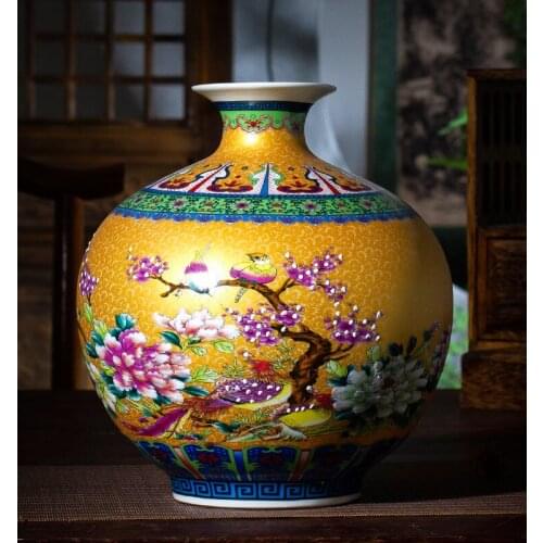 Jingdezhen ceramic vases enamel Caragana vase ornaments living room flower arrangement ancient Chinese enamel pomegranate vase