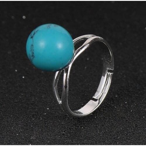 Natural Stone Copper Rings For Women 1cm Tiny Turquoises Onyx Crystal Round Bead Adjustable Open Ring Party Wedding Jewelry Gift